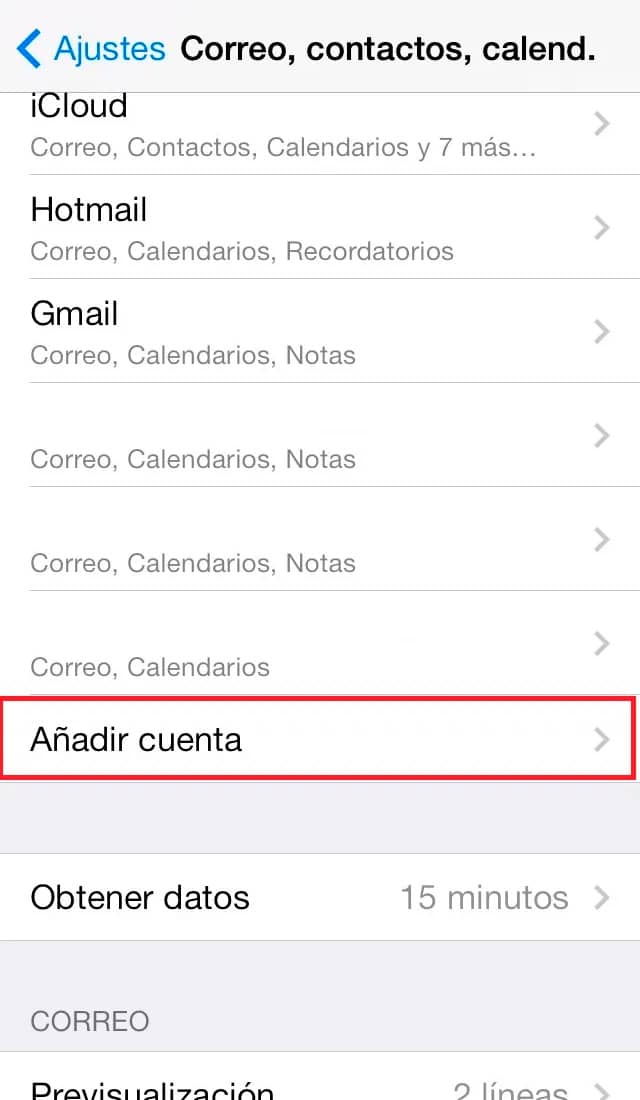 Iphone - Ajustes - Correo - Añadir cuenta