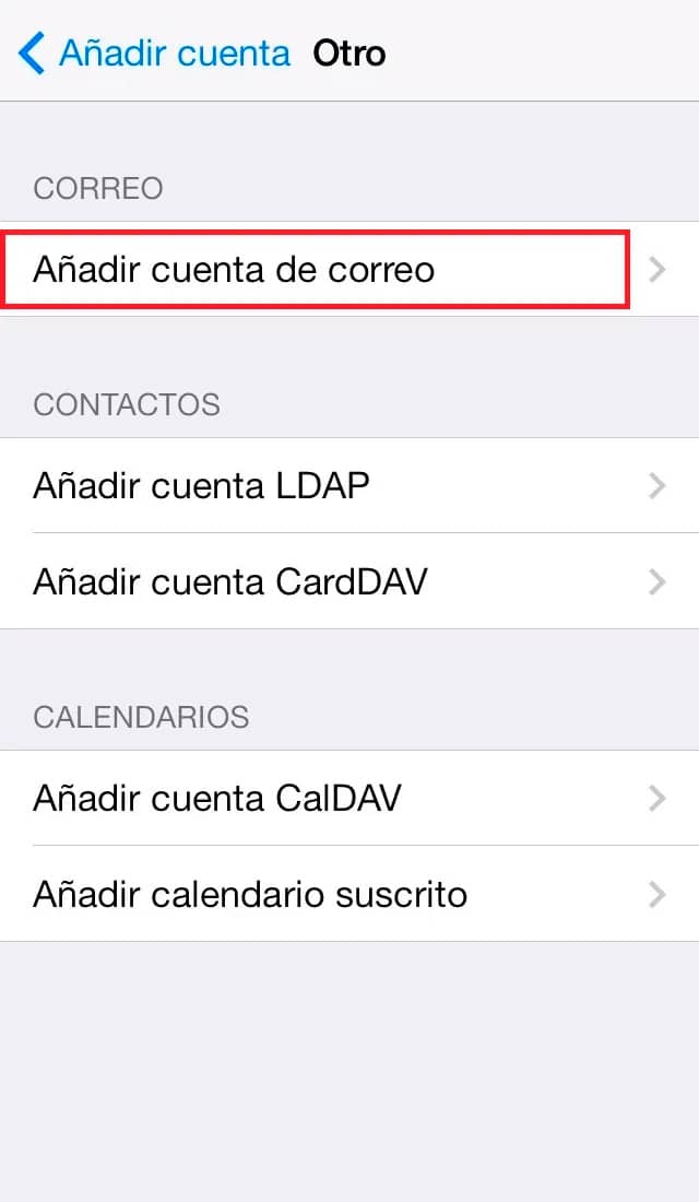Iphone - Ajustes - Correo - Añadir cuenta - otras - correo