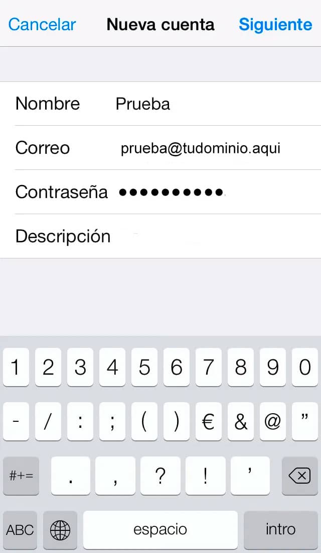 Iphone - Ajustes - Correo - Añadir cuenta - otras - correo - nombre