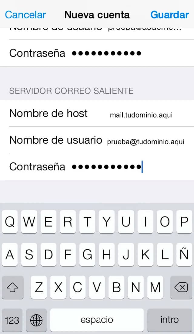 Iphone - Ajustes - Correo - Añadir cuenta - otras - correo - saliente